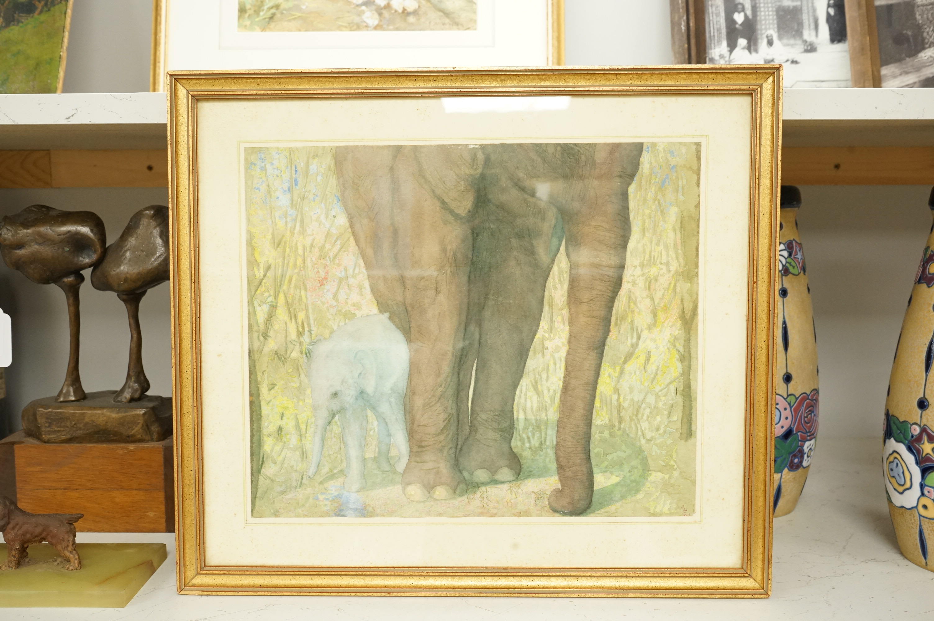 AFM, Study of two elephants, monogrammed, watercolour, 27 x 32cm